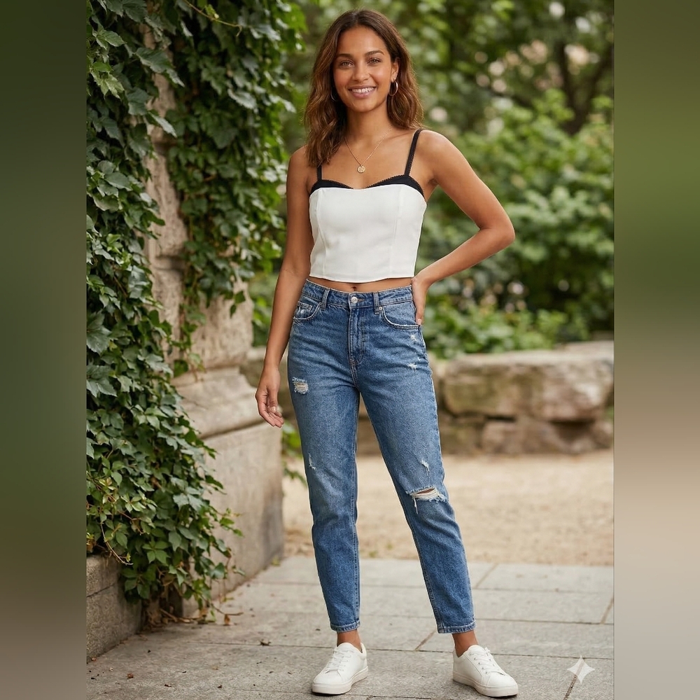 LOFT White and Black Cropped Bustier Tank